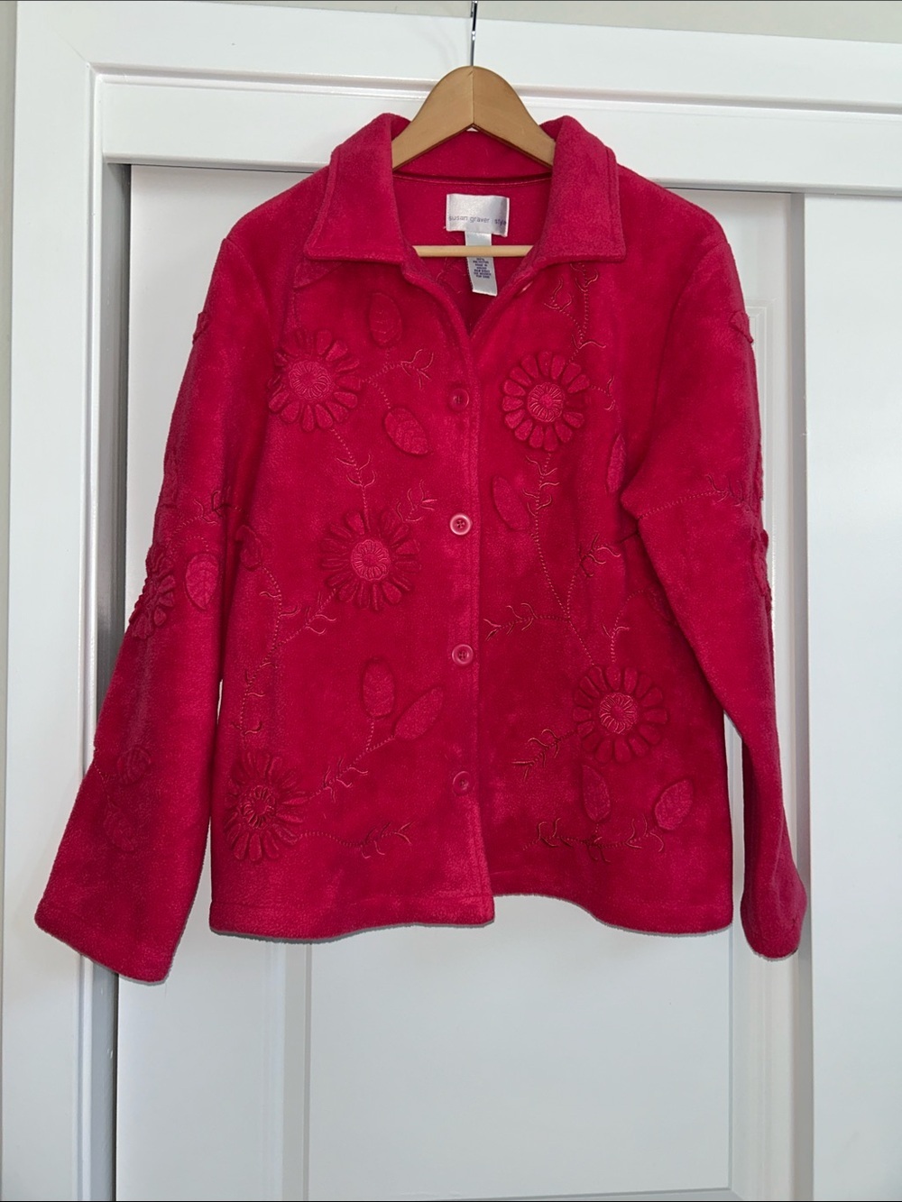 Susan Graver Fuchsia Floral Embroidered Teddy sweater